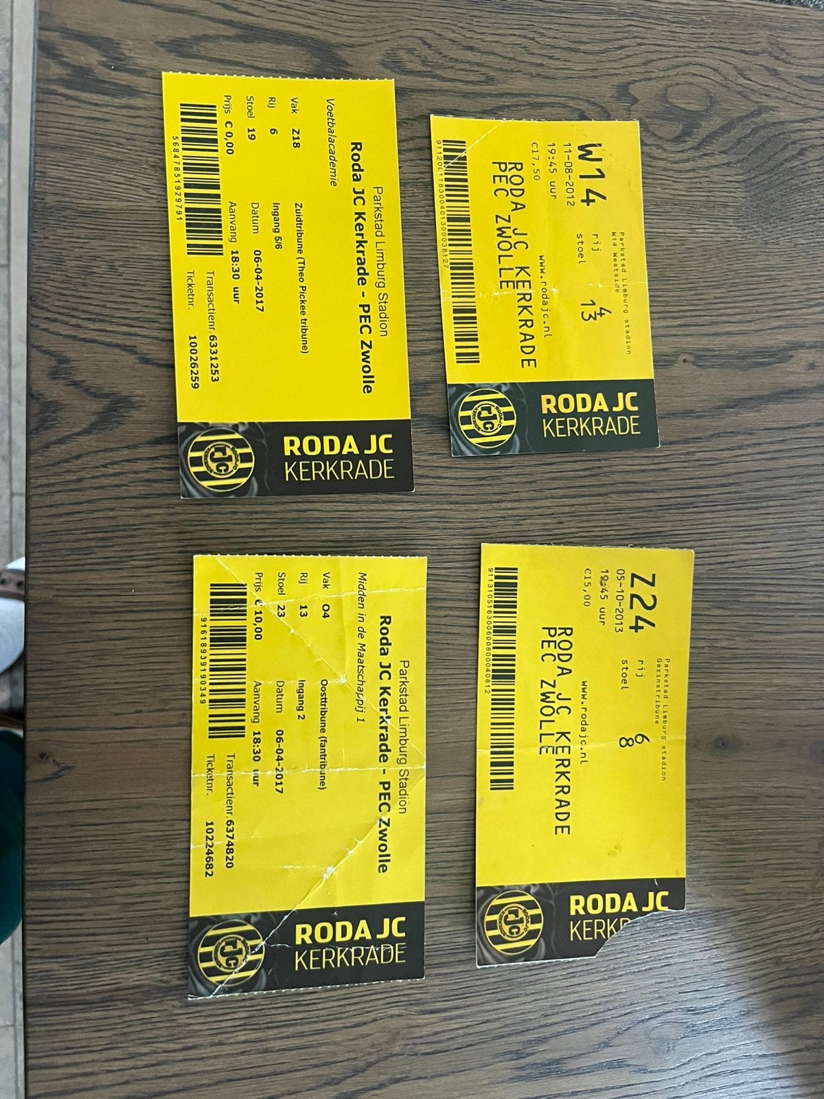 4 VERSCHILLENDE TICKETS RODA JC-PEC ZWOLLE, Ophalen of Verzenden, Zo goed als nieuw, Roda JC, Overige typen