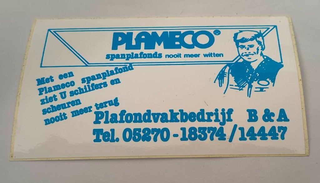Sticker Plameco spanplafonds. Plafondvakbedrijf B&A, Ophalen of Verzenden, Zo goed als nieuw, Bedrijf of Vereniging