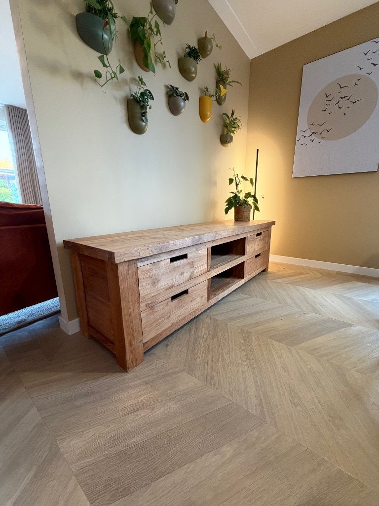Teakhouten TV-meubel ZEN Lifestyle – 205 cm – 4 lades, Ophalen, Teakhout, Zo goed als nieuw, 200 cm of meer