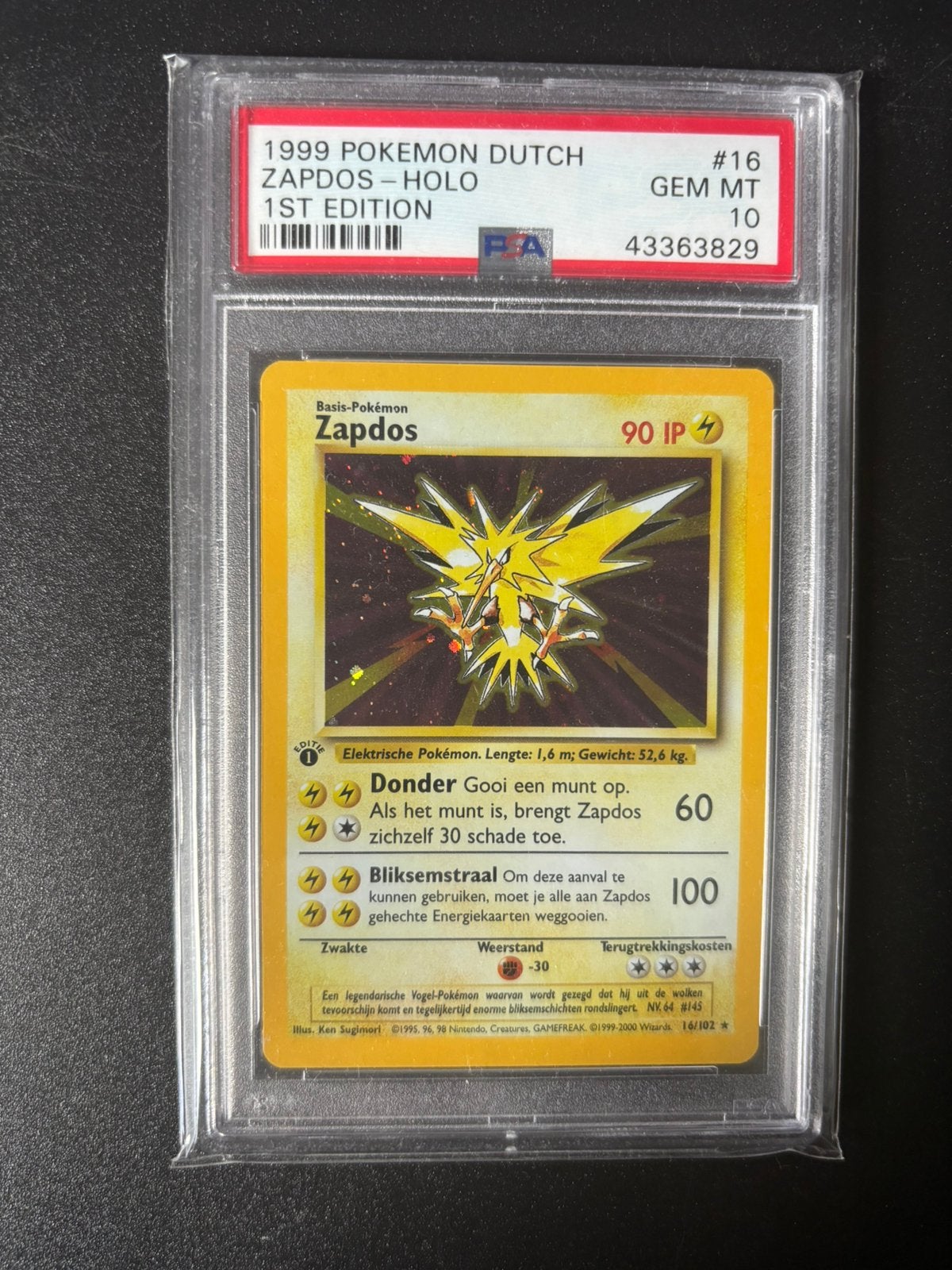 Pokemon base set eerste editie zapdos psa 10 mint pop 6, Ophalen of Verzenden, Zo goed als nieuw