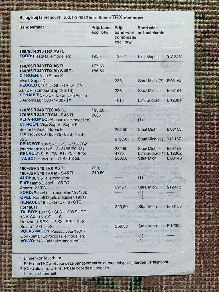 Nederlandse prijslijst Michelin TRX banden programma 1982, Algemeen, Michelin, Ophalen of Verzenden, Zo goed als nieuw