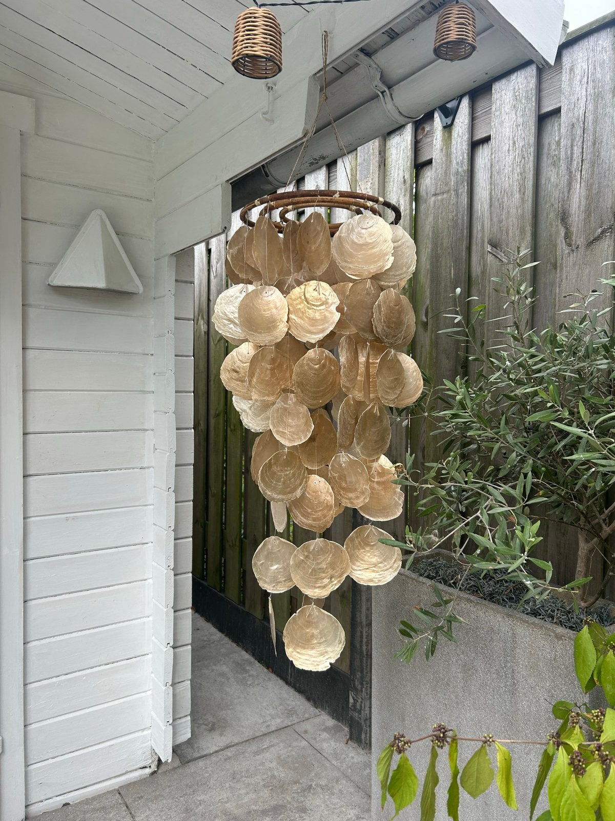 Mooie Capiz schelpen windgong / decoratie brons/goudkleurig, Ophalen, Beige, Boho, Zo goed als nieuw