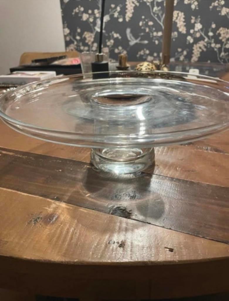 Glazen Taartschaal met Holle Poot - Perfect voor Presentatie, Ophalen of Verzenden, Gebruikt, Glas, Wit