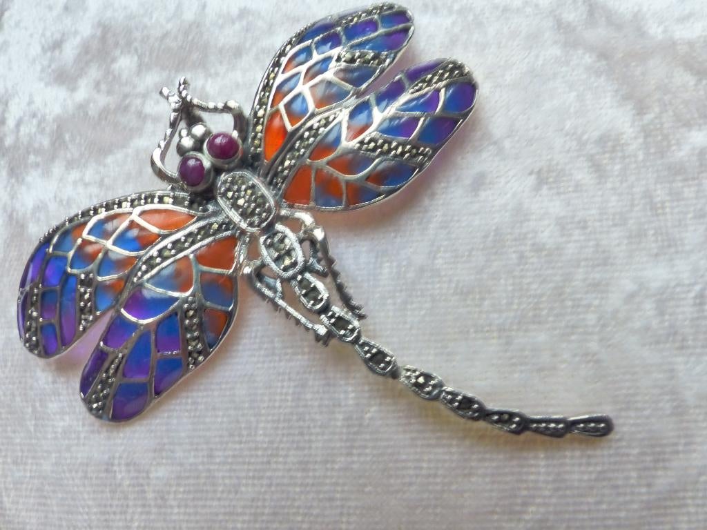 Prachtige Grote Zilveren Tiffany Hanger / Broche - Libelle, Verzenden, Zilver, Broche, Met edelsteen