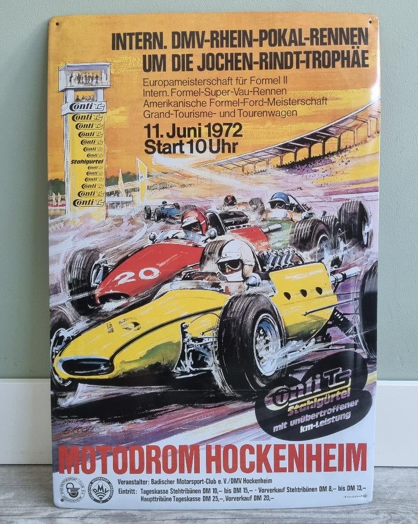 Metalen reclamebord Motodrom Hockenheim 1972, Ophalen of Verzenden, Zo goed als nieuw, Auto's