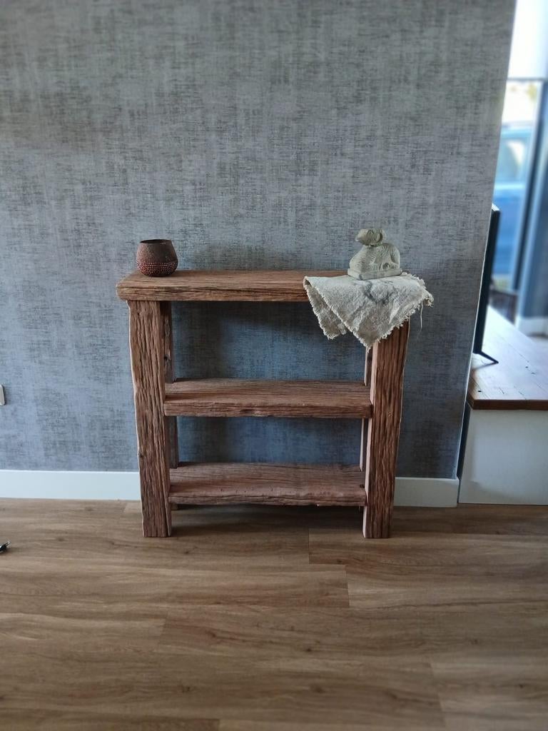 Unieke Sidetable van tropisch hardhout en wagondelen, Ophalen, Gebruikt, 50 tot 100 cm, Minder dan 25 cm