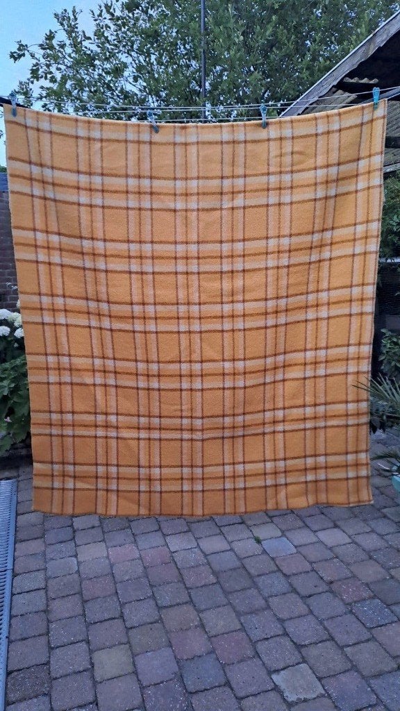 Vintage deken van scheerwol - Geel geruit, Onbekend, Ophalen of Verzenden, Zo goed als nieuw, Onbekend
