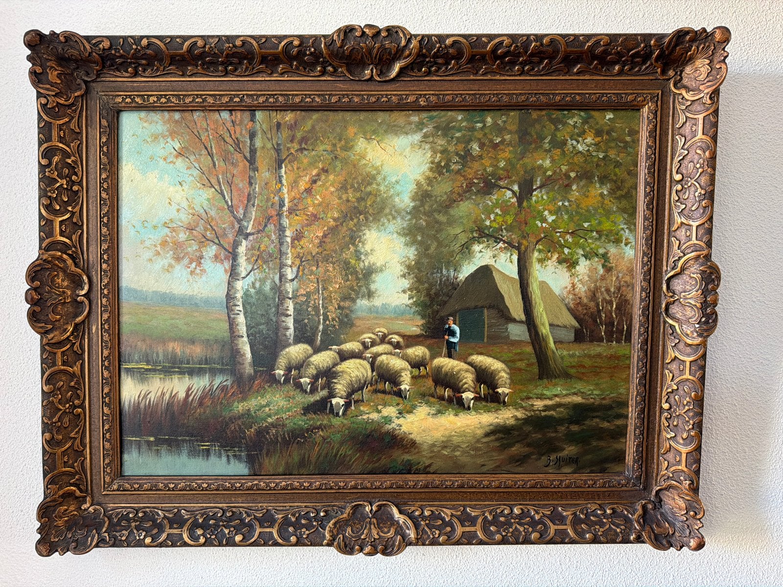 Landschap met herder, schapen en stal - Olieverf op doek, Ophalen, Doek, Gesigneerd, Landschap
