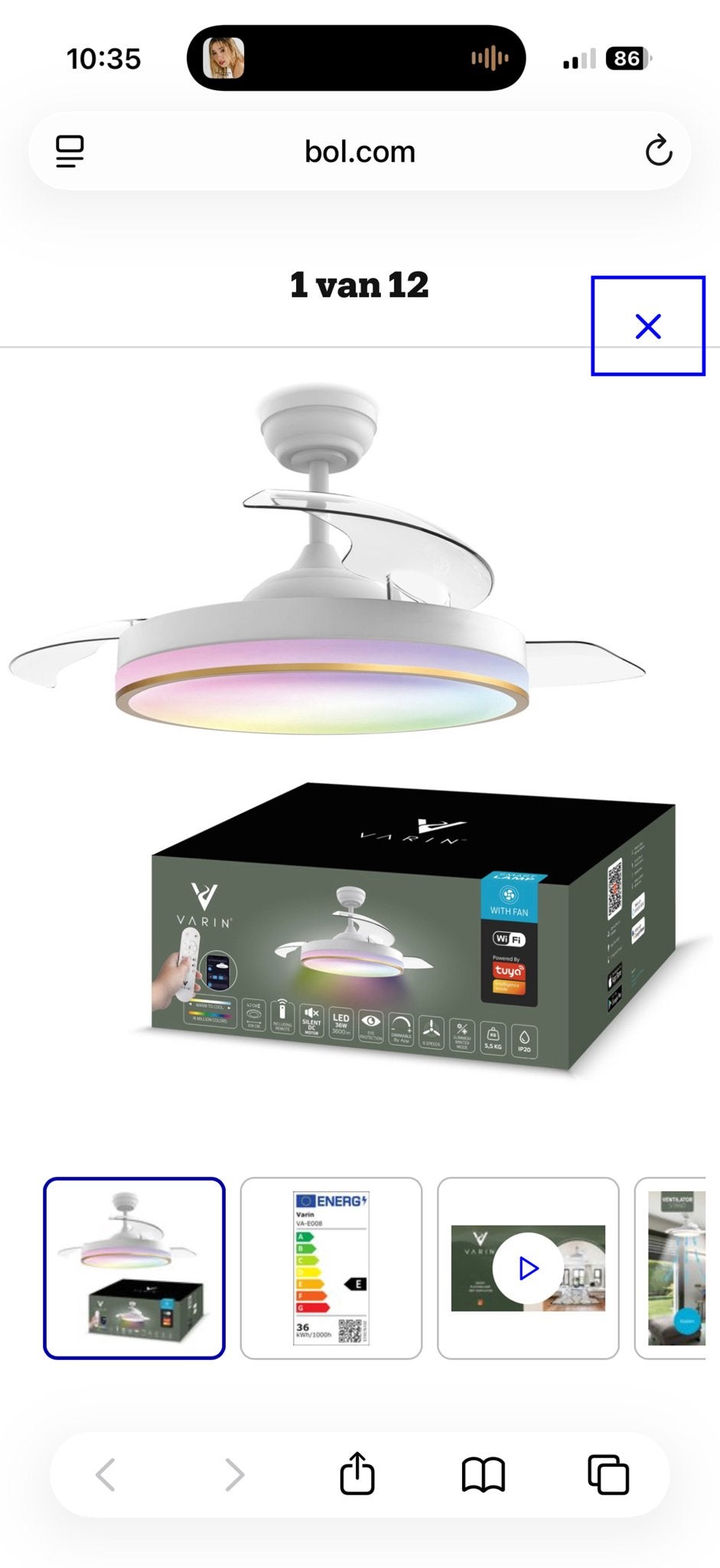 VARIN Plafondventilator met LED Verlichting en Afstandsbedie, Ophalen, Ventilator met afstandsbediening, Zo goed als nieuw, Plafondventilator