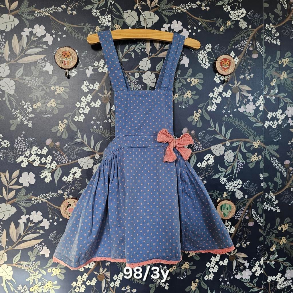 Blauwe jurk met stippen en roze strik maat 98/3y, Ophalen of Verzenden, Meisje
