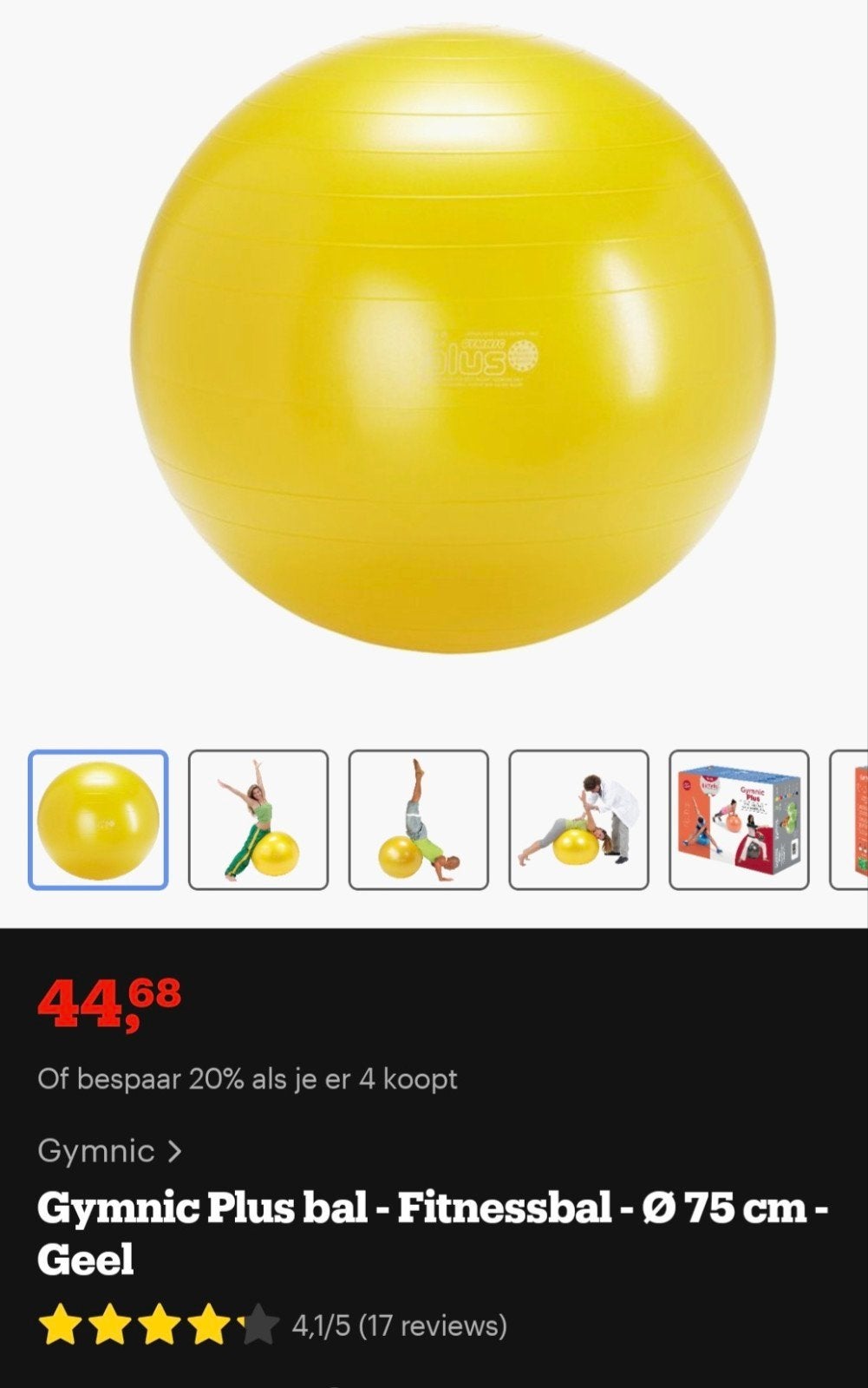 Gymnic Plus  Fitnessbal, Geel,  75 cm in zeer goede staat., Ophalen of Verzenden, Zo goed als nieuw