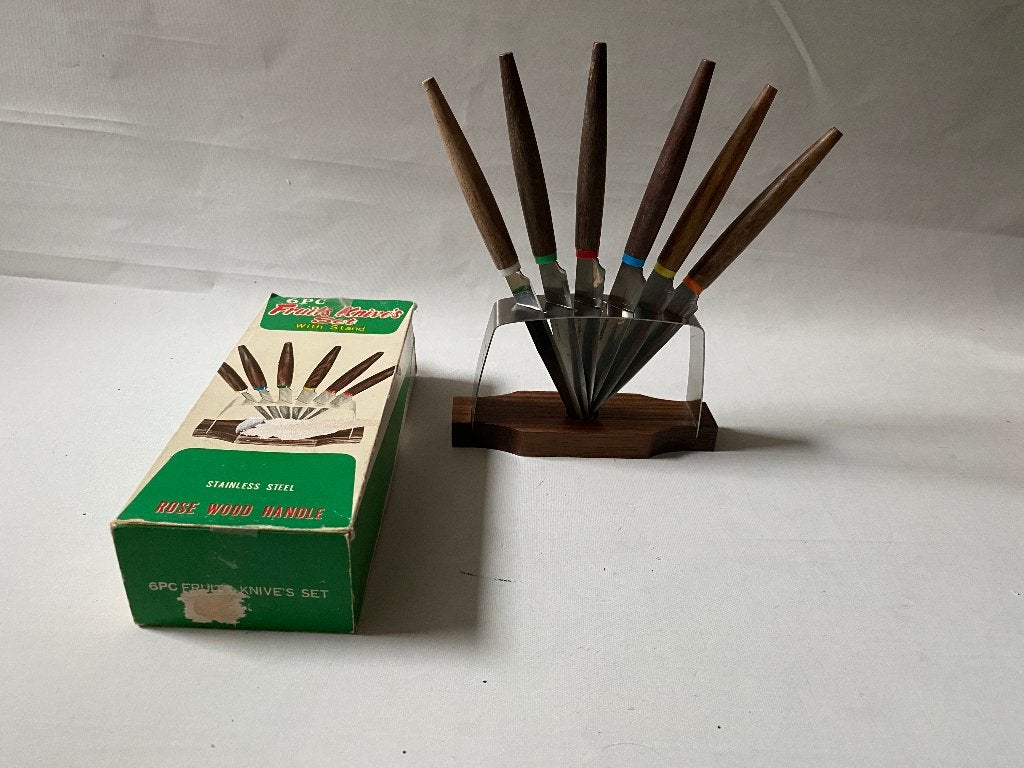 Retro Set van 6 fruitmesjes in RVS en rozenhouten standaard, Verzamelen, Ophalen of Verzenden, Huis en Inrichting