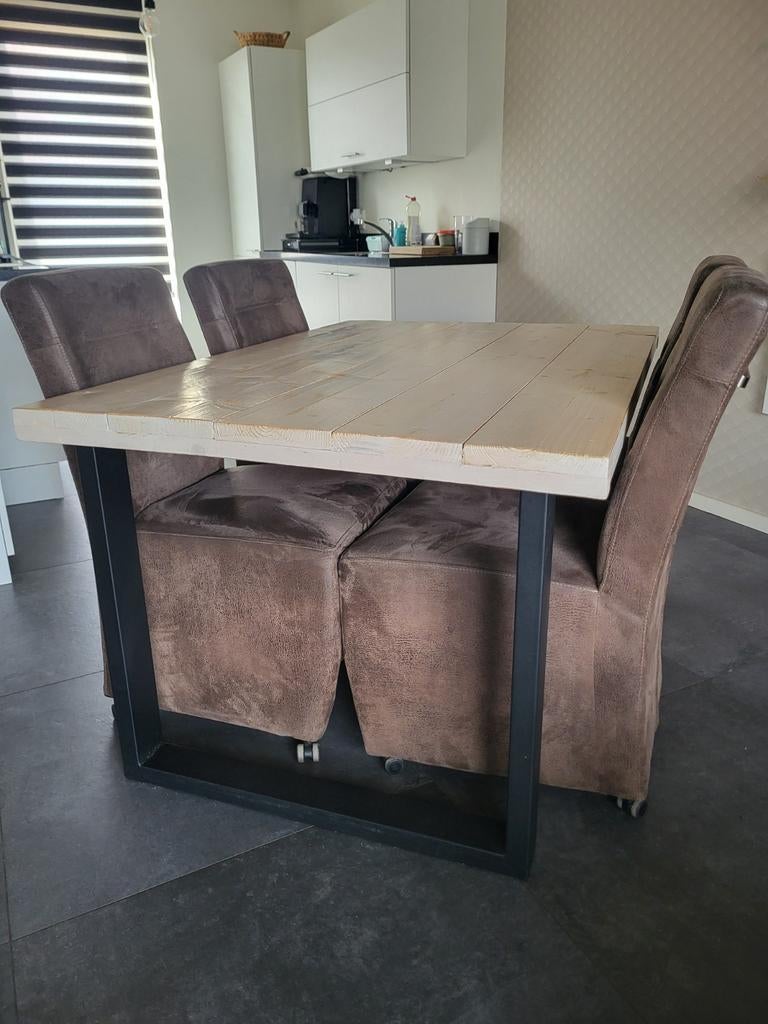 Steigerhouten whitewash eettafel met of zonder 4 stoelen., Ophalen, Gebruikt, 100 tot 150 cm, 50 tot 100 cm