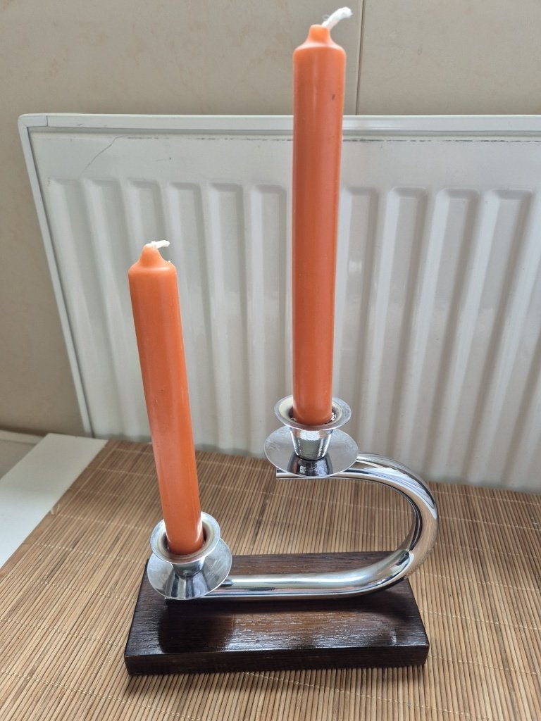 Vintage - Kandelaar - Kaarsenstandaard - Chroom met Hout -**, Gebruikt, Ophalen of Verzenden, Kandelaar, Hout