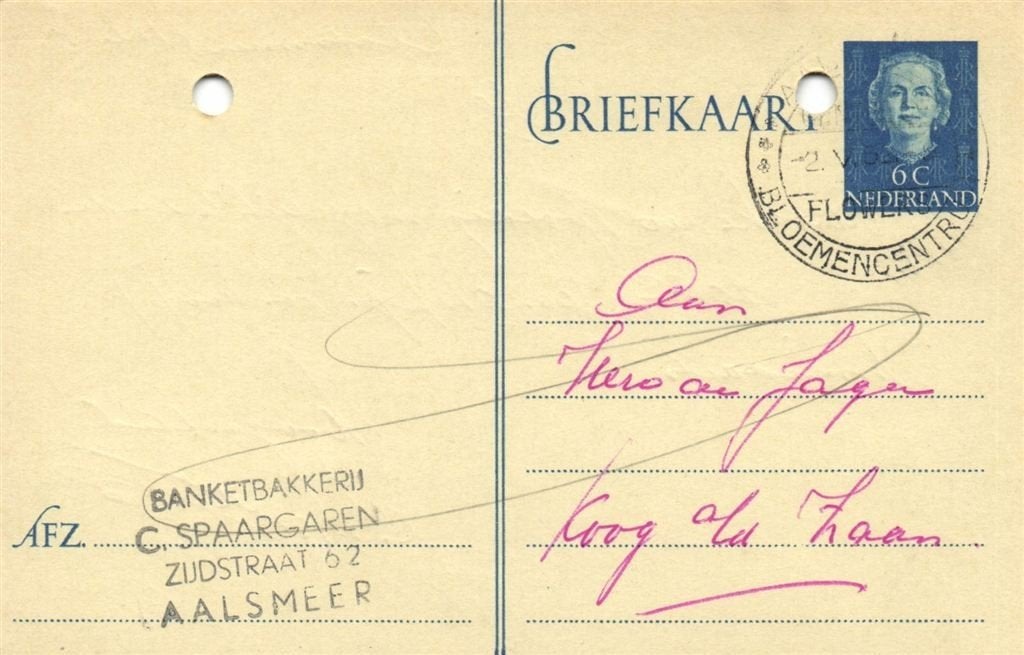 Banketbakkerij C. Spaargaren, Aalsmeer - 05.1952 - briefkaar, Postzegels en Munten, Ophalen of Verzenden, Briefkaart