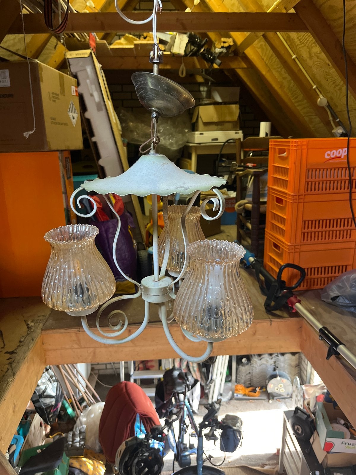 Vintage Hanglamp met 3 Kelken - Goede Staat, Ophalen of Verzenden, Gebruikt, Metaal