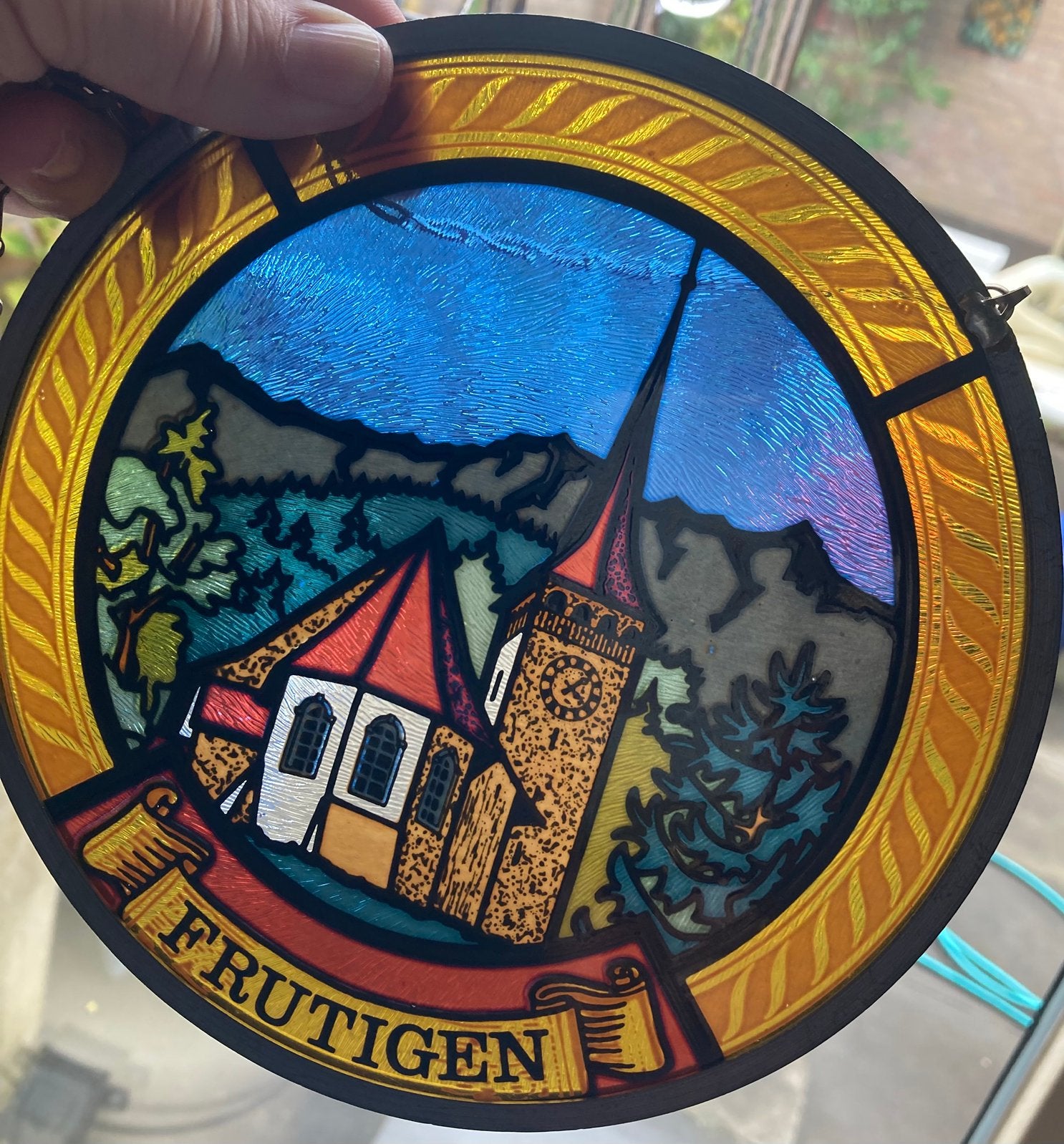 Raamhanger gekleurde Frutigen Kerk Glas in lood Zwitserland, Antiek en Kunst, Ophalen