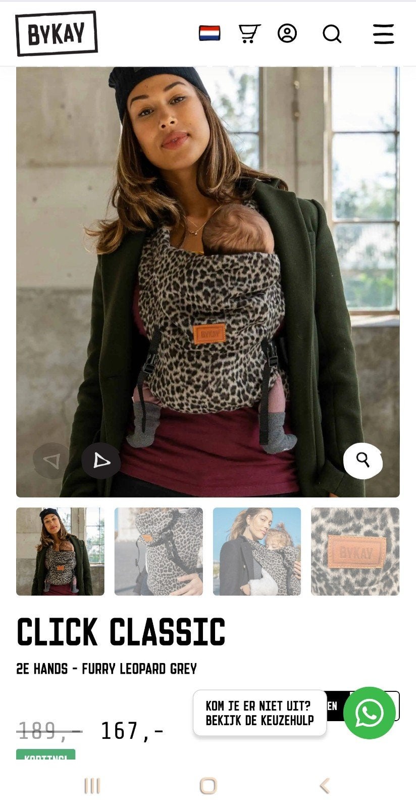 ByKay Click Classic Draagzak - Furry Leopard Grey, Kinderen en Baby's, Overige merken, Buik of Rug, Ophalen of Verzenden, Zo goed als nieuw