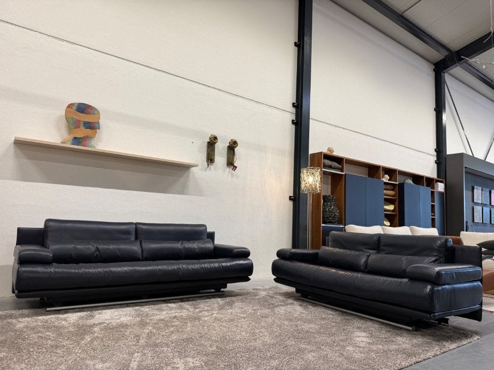 Rolf Benz 6500 Bank 2 Zits blauw leer 182, 150 tot 200 cm, Tweepersoons, Ophalen of Verzenden, Zo goed als nieuw