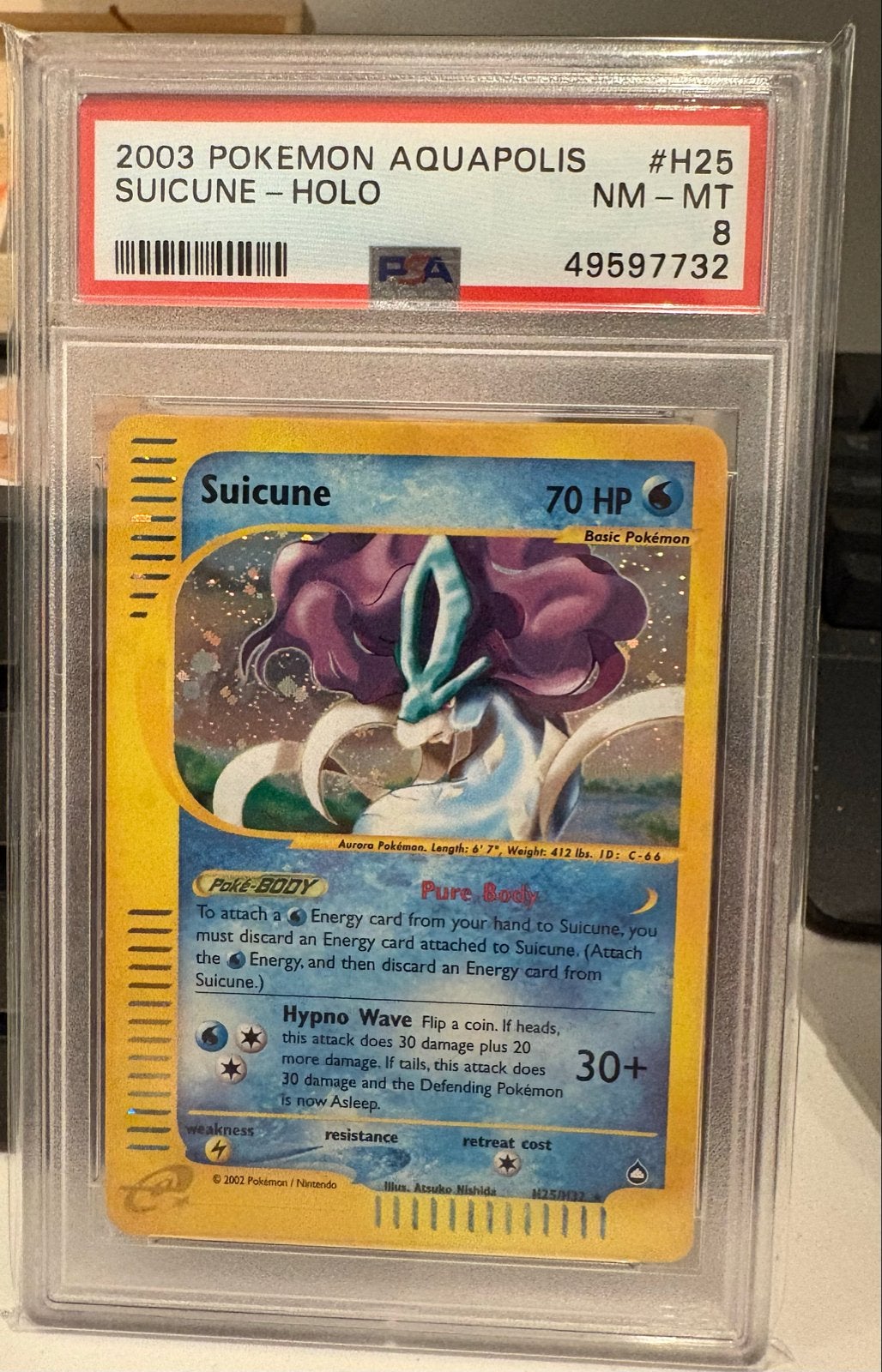 2003 Pokemon Aquapolis Suicune H25/H32 holo PSA 8, Ophalen of Verzenden, Zo goed als nieuw, Losse kaart, Foil
