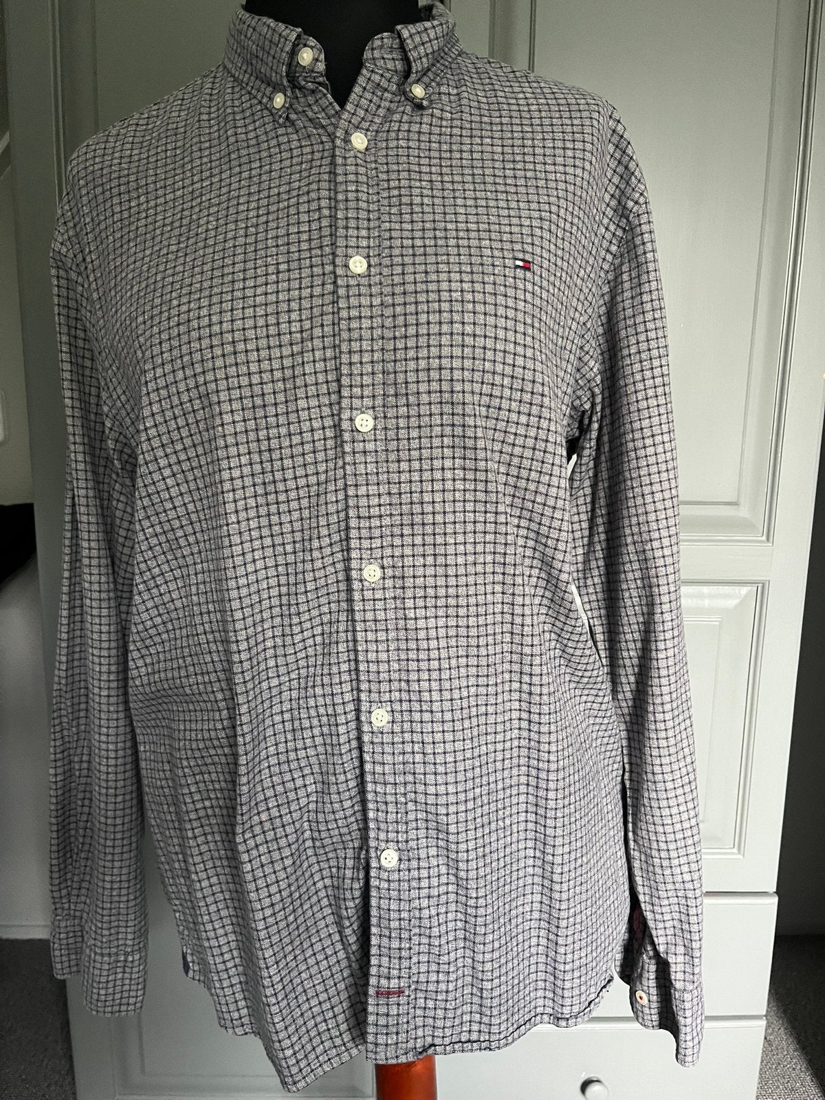 Tommy Hilfiger geruit flanellen herenoverhemd , maat XL, Verzenden, Gedragen, Grijs, Halswijdte 43/44 (XL)