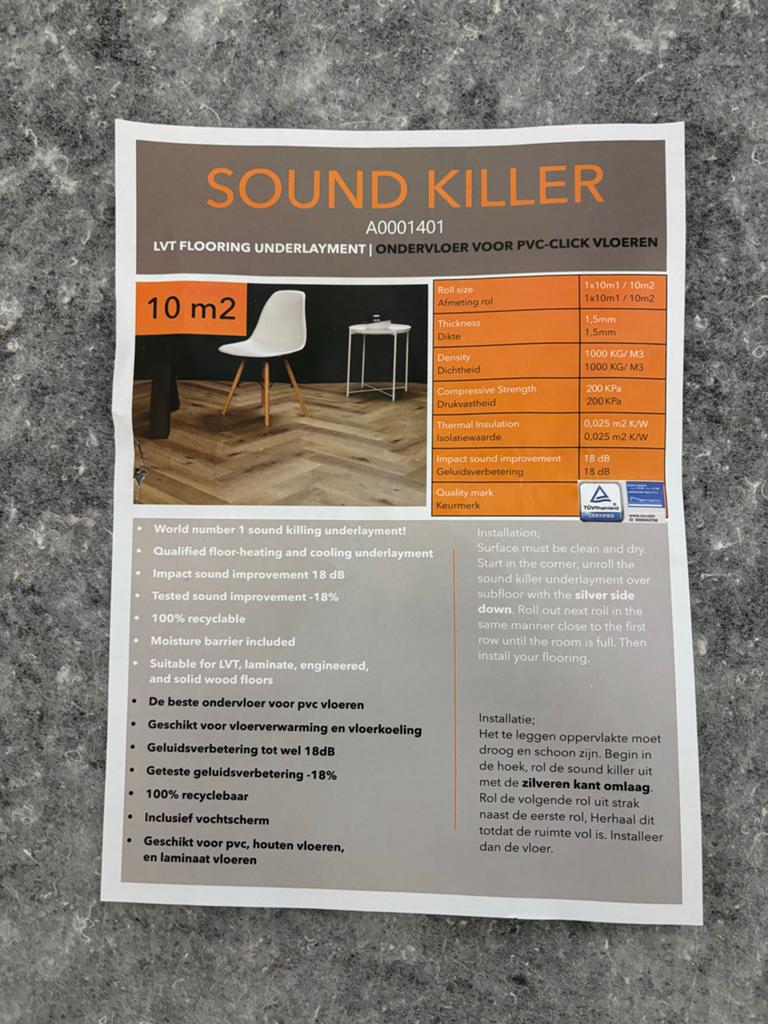 Sound Killer LVT Ondervloer - 10 m² Geluidsisolatie - 5x, Ophalen, Overige typen, Nieuw, Grijs