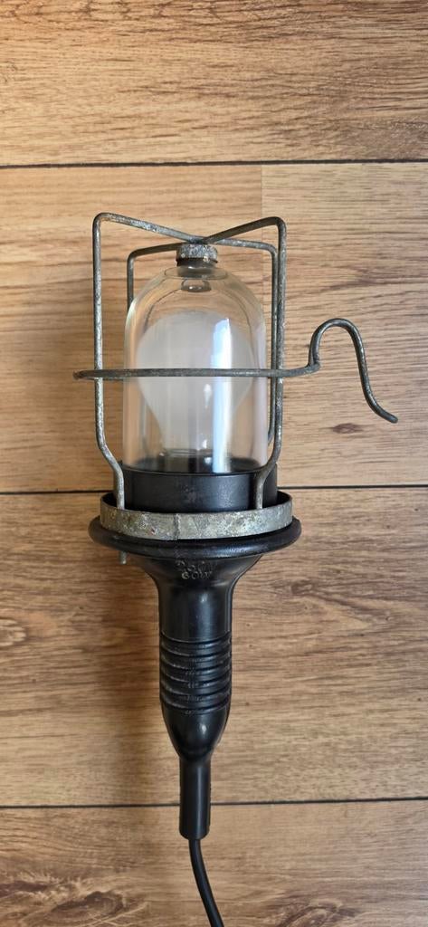 Vintage industriële hanglamp met kooi en glas / Looplamp, Ophalen of Verzenden