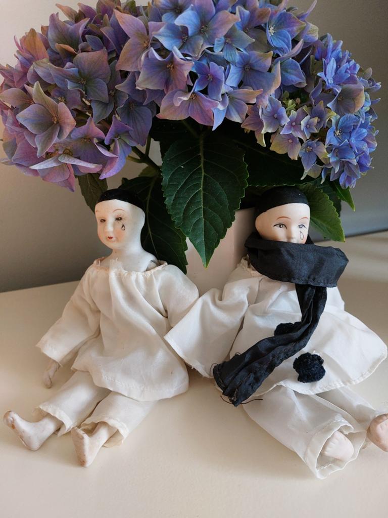2 porseleinen vintage Pierrot popjes, Ophalen of Verzenden, Gebruikt, Pop