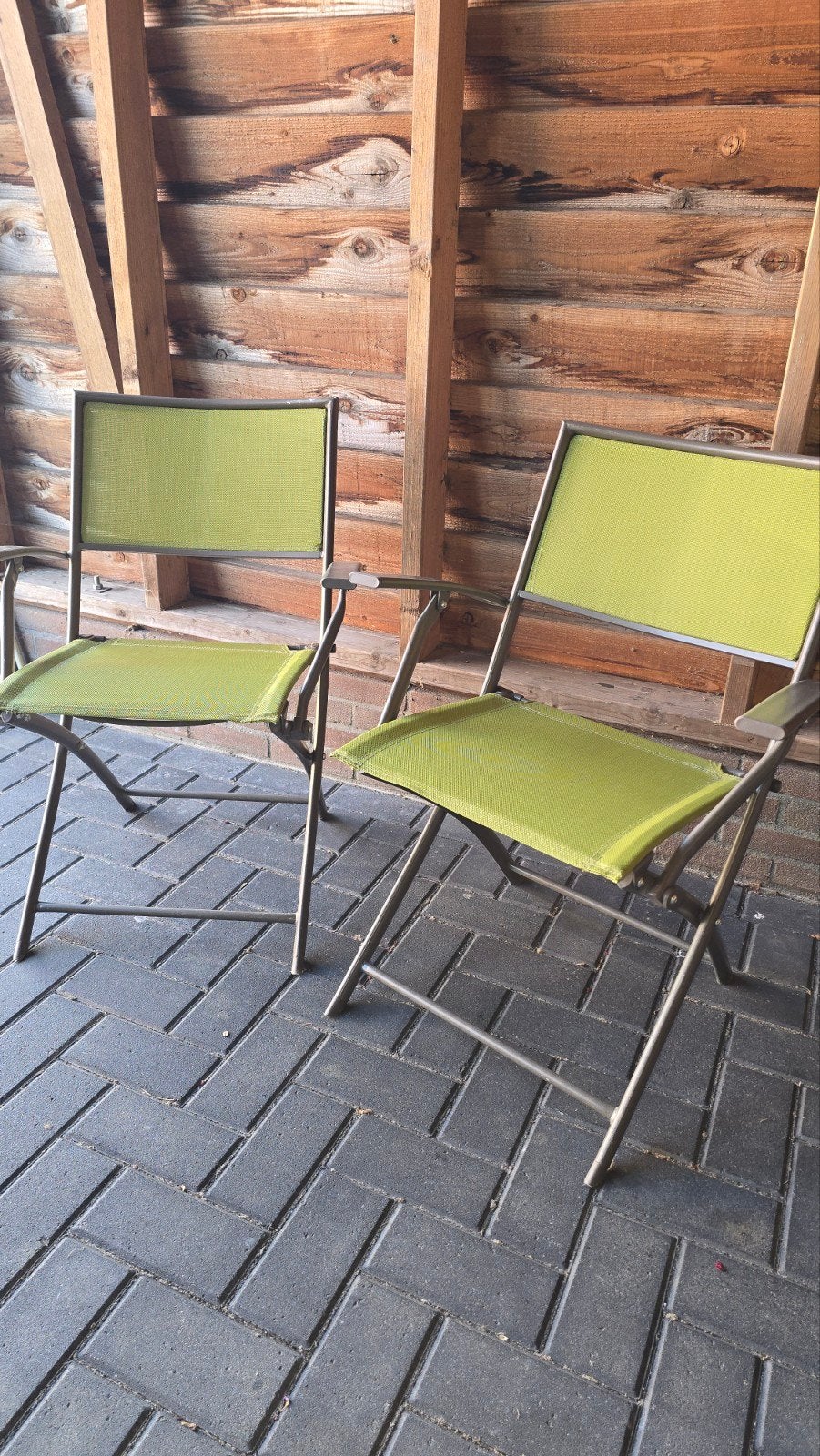 2x Groene klapstoelen - ideaal voor balkon of camping, Ophalen, Gebruikt, Metaal, Inklapbaar