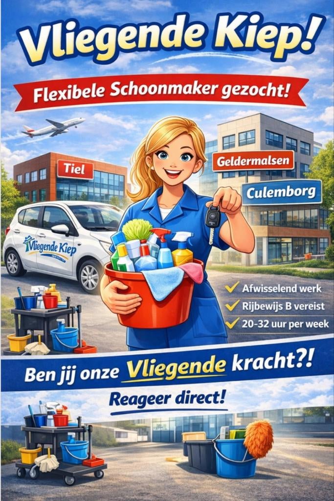 Schoonmaak(st)er gevraagd, vliegende kiep in Tiel, Vacatures, 33 - 40 uur