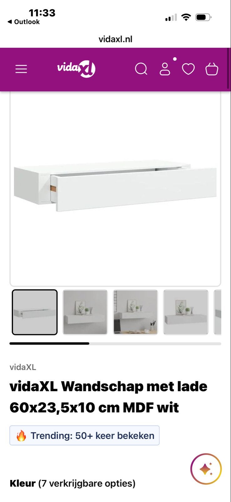 vidaXL Wandplank met lade - Wit (60x23,5x10 cm), Ophalen of Verzenden, Nieuw