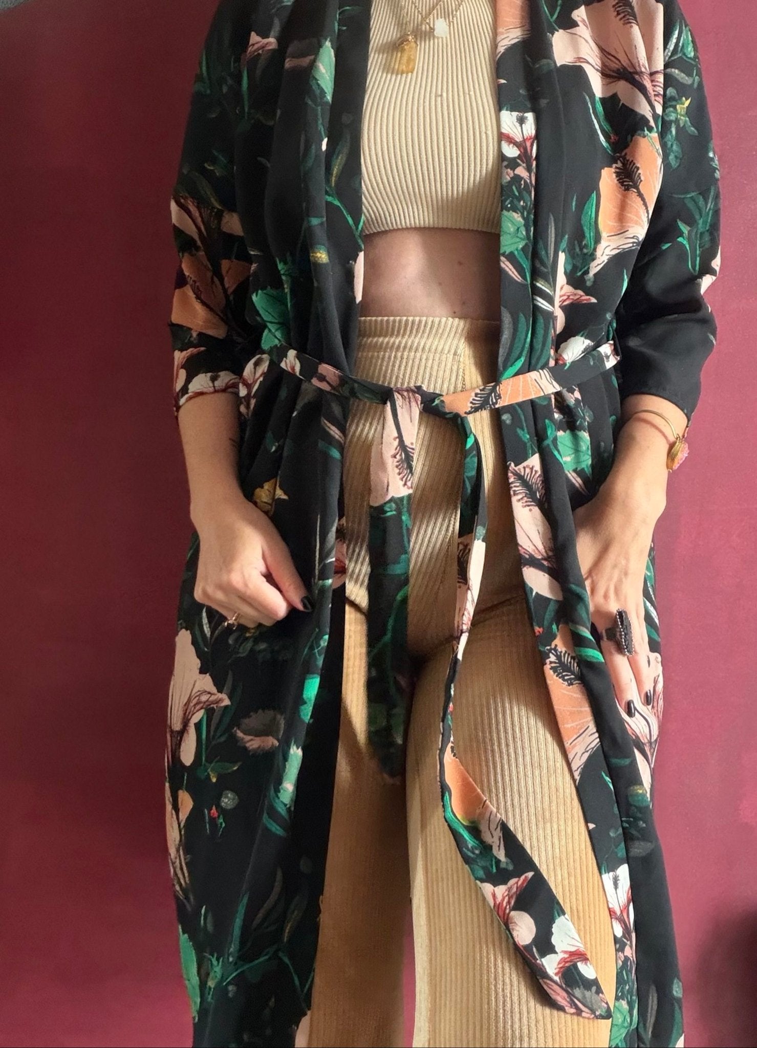 Boho Zwarte & Groene Bloemen Kimono Robe Maat 40, Kleding | Dames, ONLY, Ophalen of Verzenden, Zo goed als nieuw