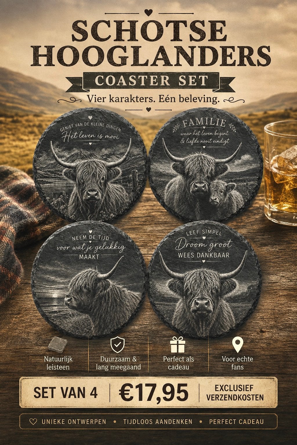 Onderzetter set leisteen Schotse hooglander cadeau!, Verzenden, Steen/keramiek, Glasonderzetter, Waterdicht