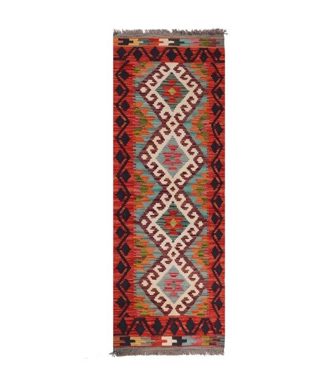 Handgeweven Kelim Loper Wol Vloerkleed Tapijt 149x54 cm, 100 tot 150 cm, Nieuw, Rechthoekig, Rood