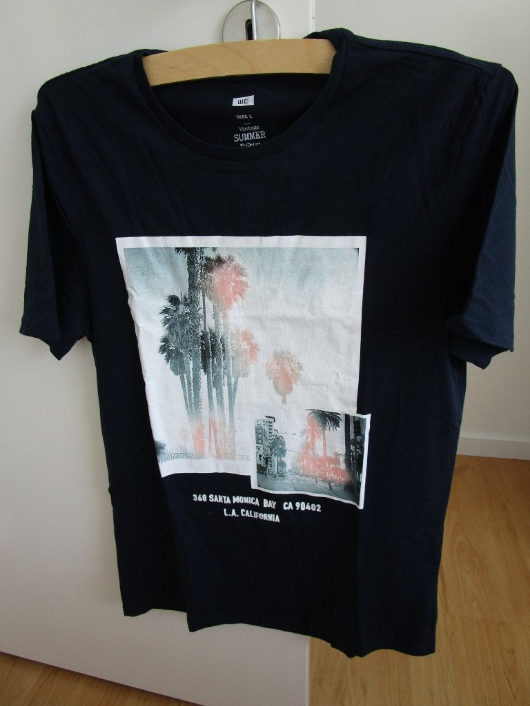 WE maat L - shirt met print Santa Monica, Maat 52/54 (L), WE, Blauw, Ophalen of Verzenden