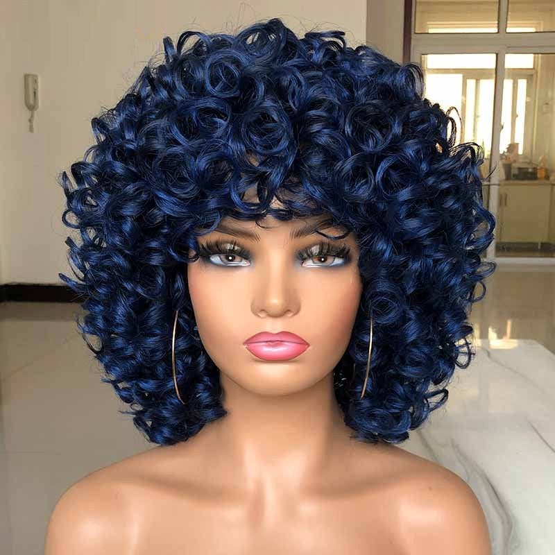 Blauwe Korte Afro Pruik Haar Dames Vrouwen Krullen Blauw, Verzenden, Nieuw, Pruik of Haarverlenging