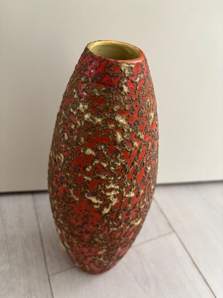 Vintage Fat Lava vaas, rood met bruine textuur, Ophalen of Verzenden