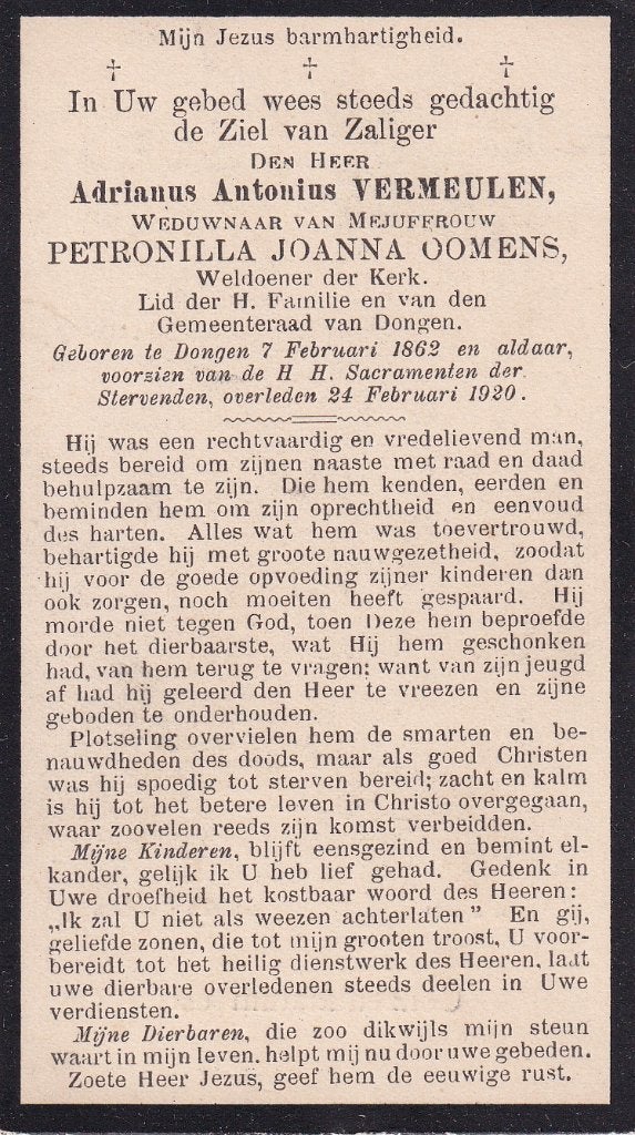 Vermeulen Adrianus 1862 Dongen 1920, Ophalen of Verzenden, Bidprentje