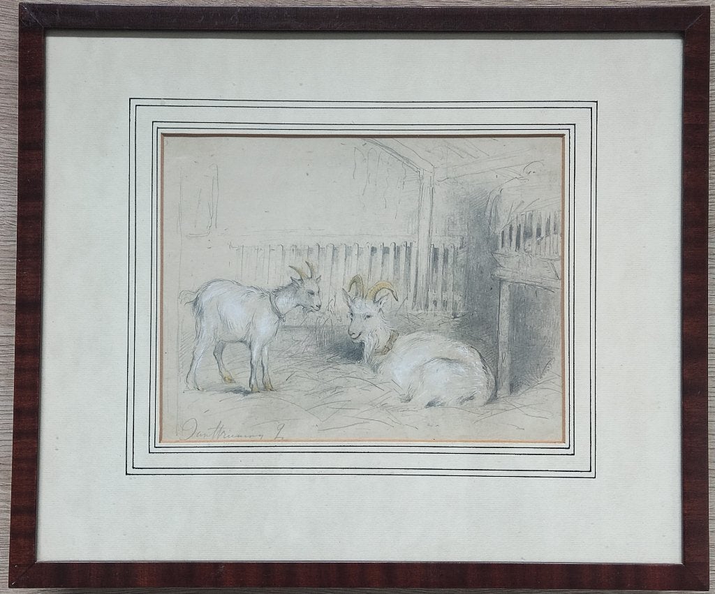Jan Striening (1827-1903) - Bokken in stal (tekening), Antiek en Kunst, Kunst | Tekeningen en Foto's, Ophalen of Verzenden, Tekening