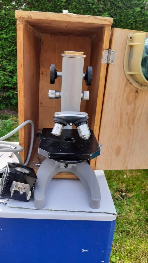 Vintage Biologische Microscoop met Houten Kist, Audio, Tv en Foto, Optische apparatuur | Microscopen, Ophalen of Verzenden, Gebruikt