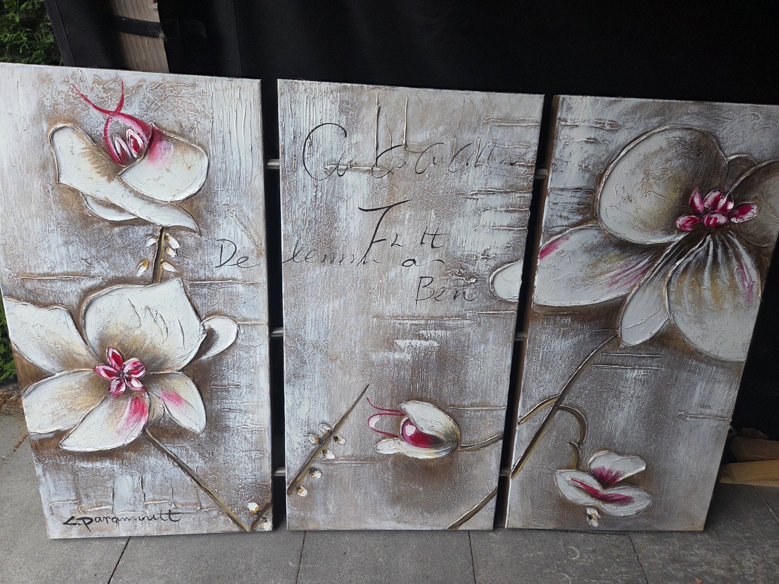 Prachtig Handgeschilderd Drieluik Schilderij – Orchideeën (L, Acrylverf, Doek, Klassiek, Gesigneerd