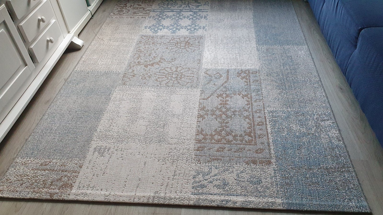 vloerkleed patchwork blauw beige, Ophalen, Gebruikt, Blauw, 150 tot 200 cm