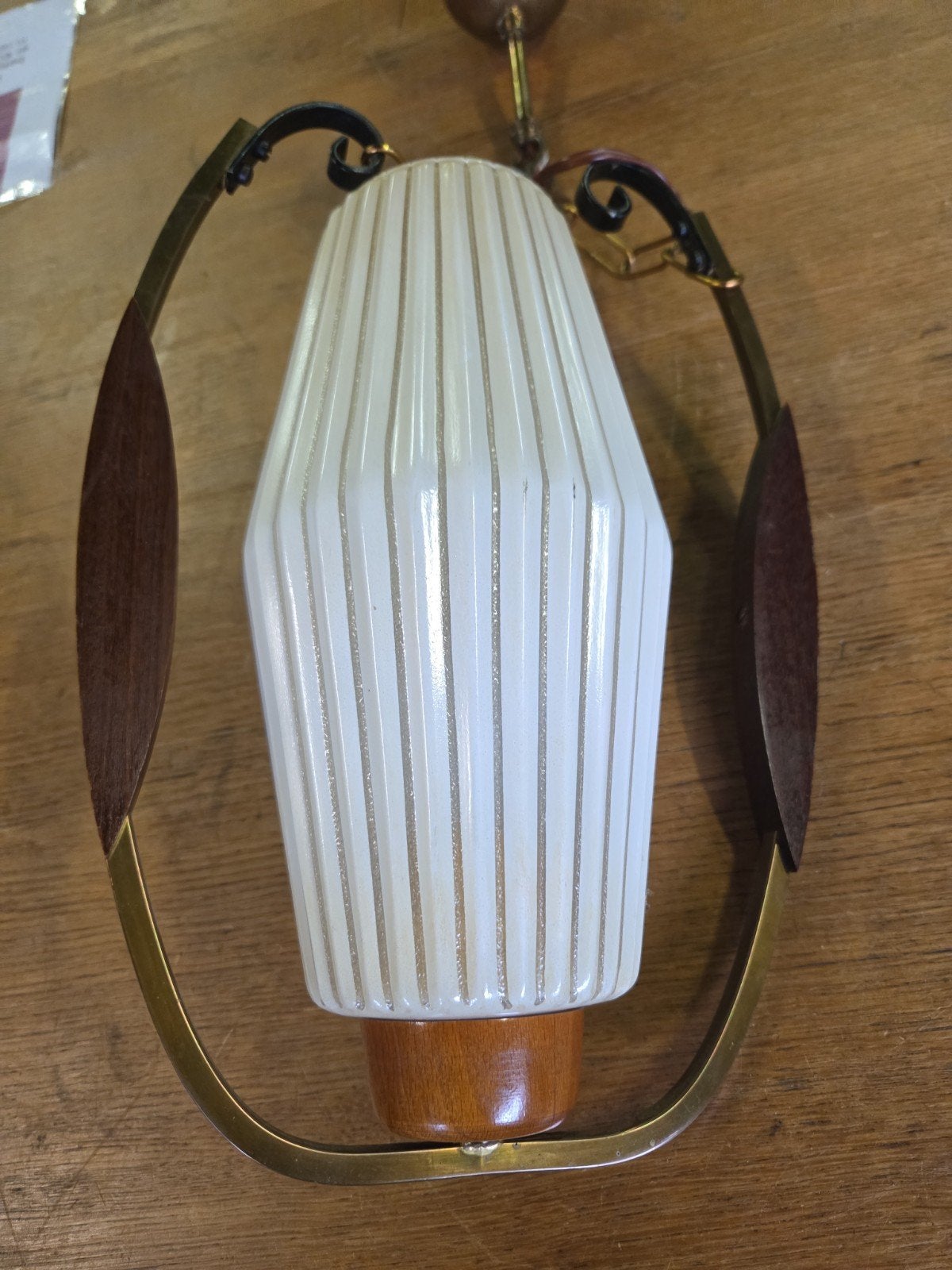 Danish design hanglamp teak messing deens, Gebruikt, Ophalen of Verzenden, Glas, X