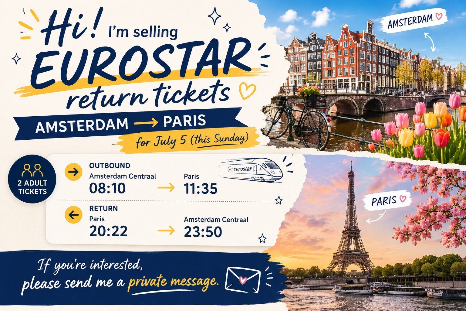 2 return tickets Amsterdam -Paris 5 July, Twee personen