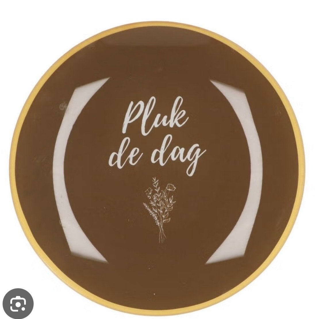 Glazen bordje 'Pluk de dag', Ophalen of Verzenden, Nieuw, Bruin, Glas