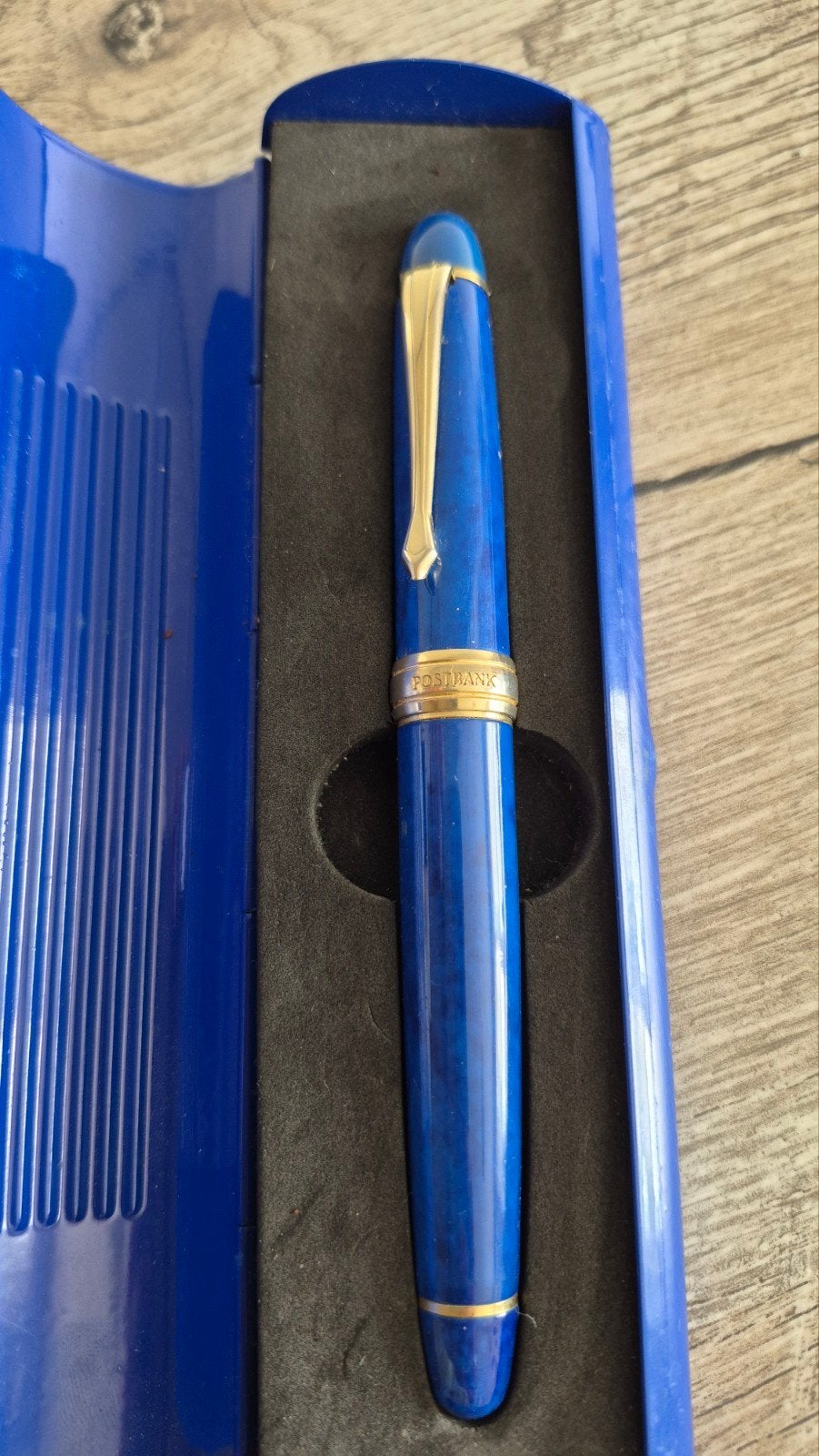 Blauwe vulpen met gouden accenten en Postbank logo, Overige merken, Gebruikt, Ophalen of Verzenden, Met doosje