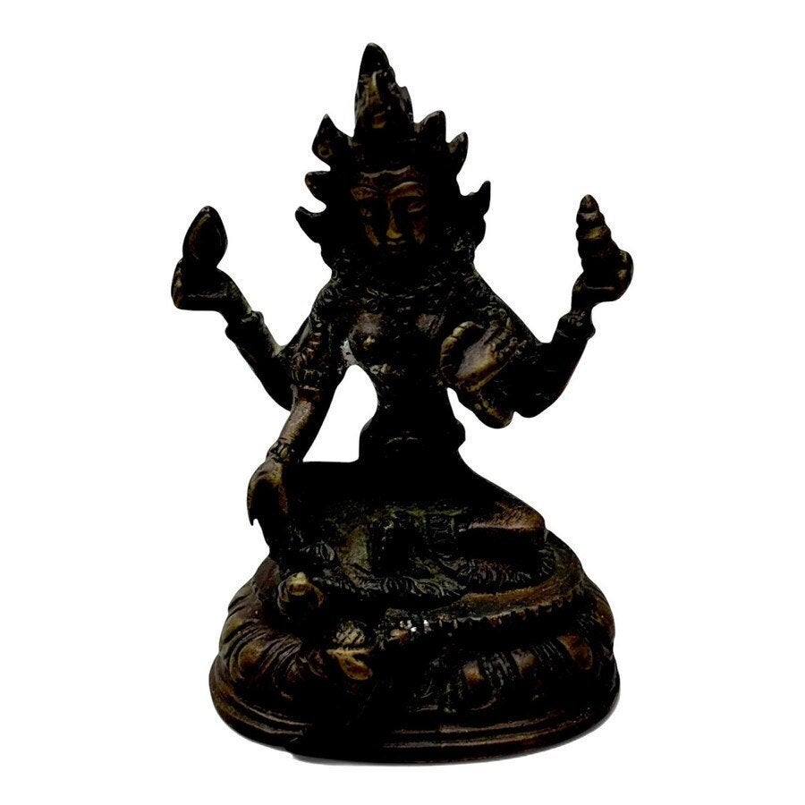Bronzen beeldje: Śyāmatāra met vier handen [Groene Tara]