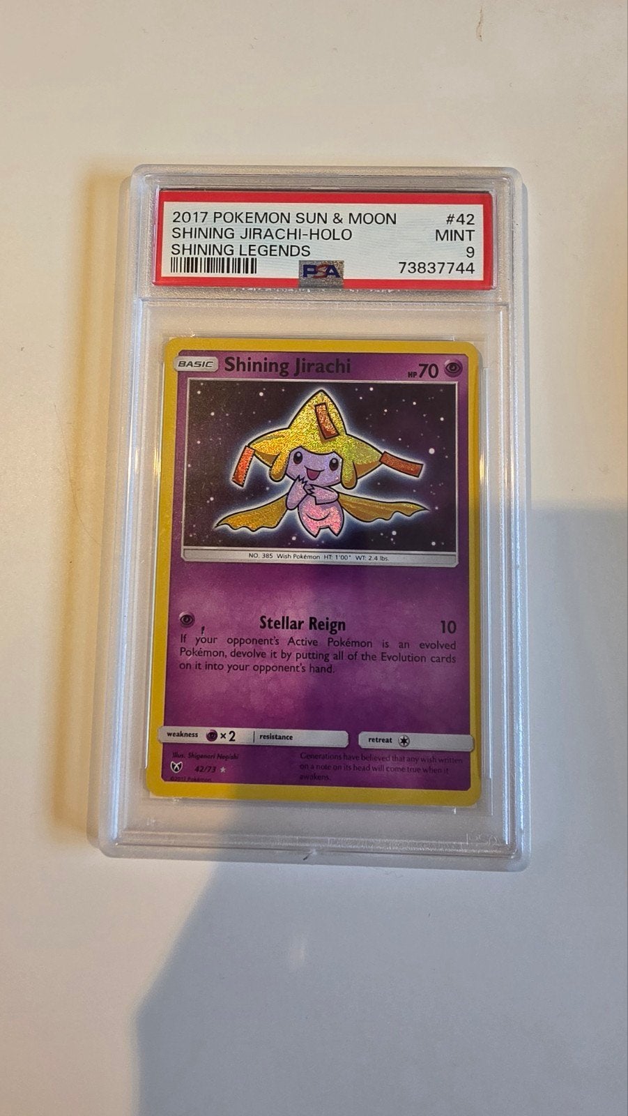 Pokémon Shining Jirachi Holo PSA 9 Mint - Sun & Moon, Ophalen of Verzenden, Zo goed als nieuw, Losse kaart, Foil