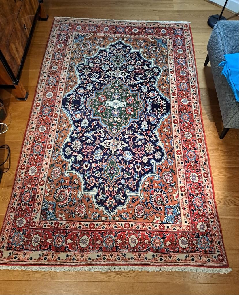 Handgeknoopt vintage Ghom/Qom tapijt, Perzisch, gewassen,, Ophalen, 100 tot 150 cm, 200 cm of meer, Zo goed als nieuw