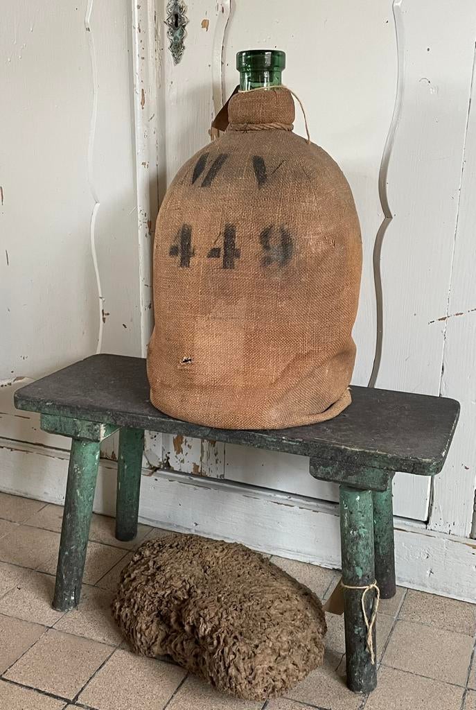 Brocante oud houten krukje / bankje groen, Ophalen of Verzenden